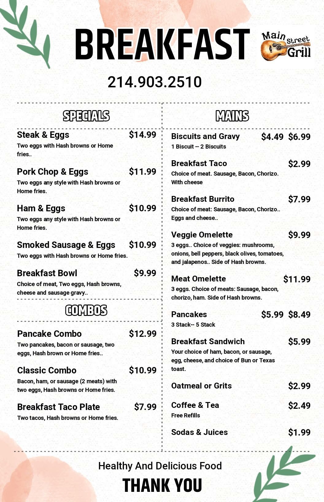 The breakfast menu., Main Street Grill