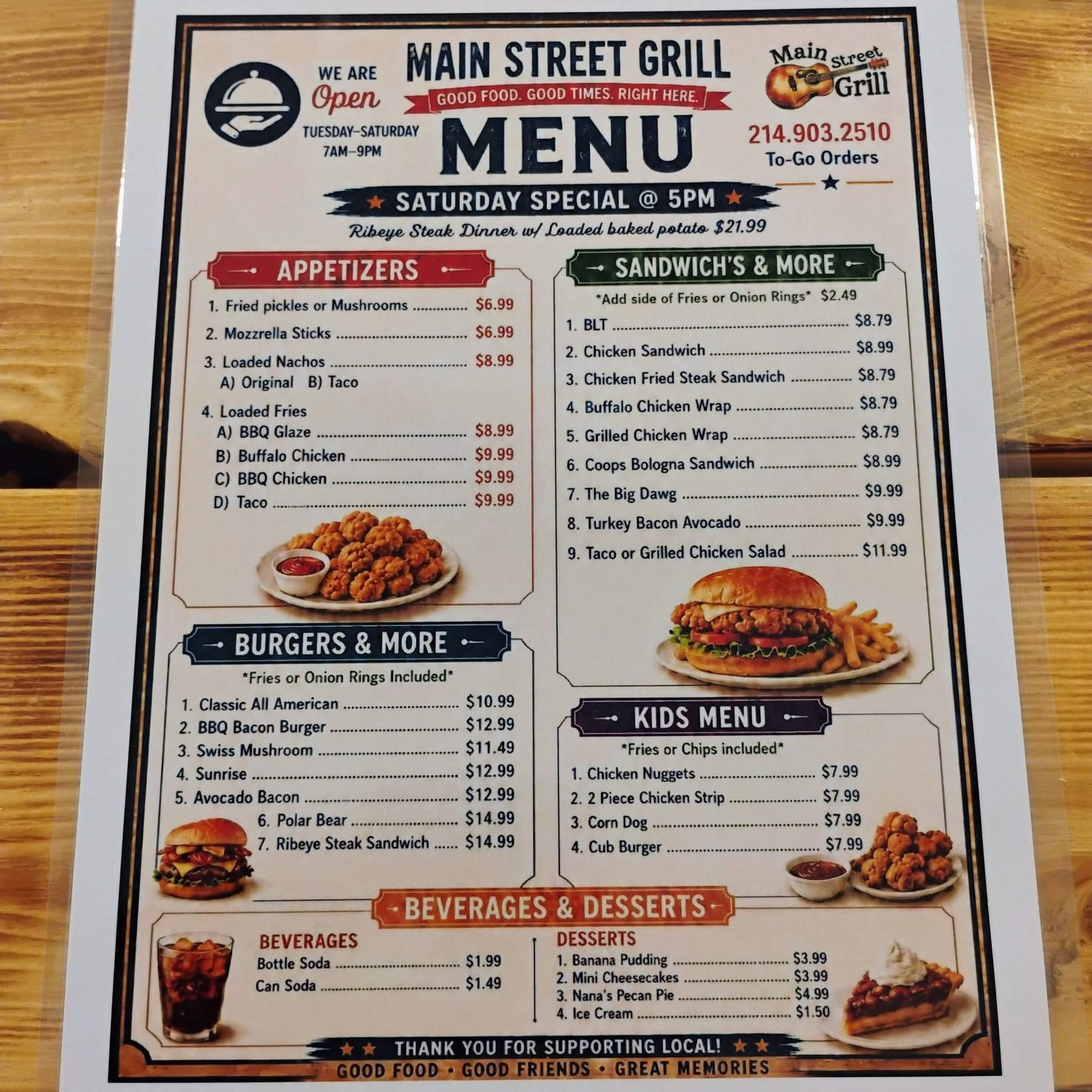 The main menu., Main Street Grill